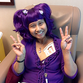Breast cancer survivor Emilia Yonge donned a Japanese anime costume during one of her treatment appointments.